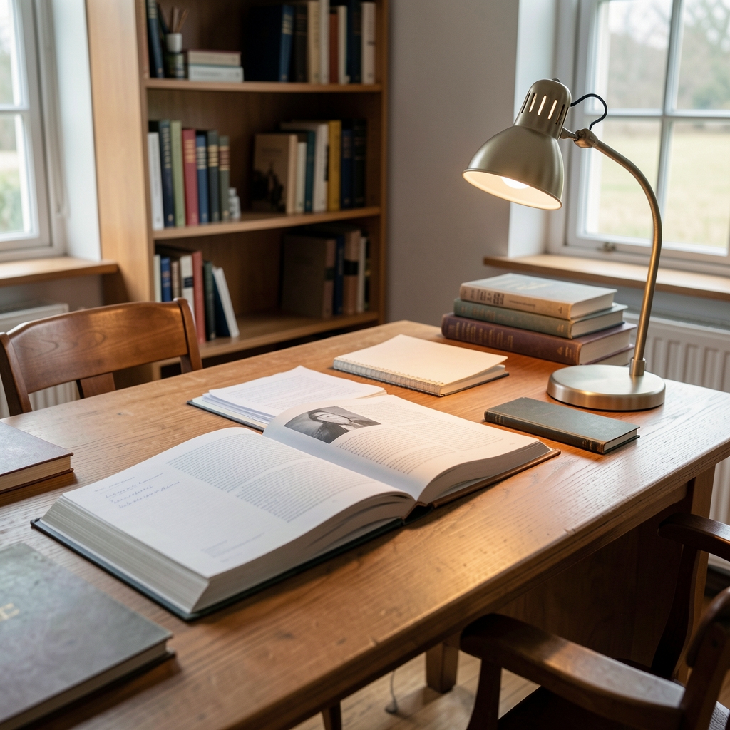 Välordnat akademiskt arbetsrum med öppna böcker, ett anteckningsblock och en stilla lampa på ett trä skrivbord – en studiemiljö som utstrålar koncentration, eftertanke och redaktionellt arbete