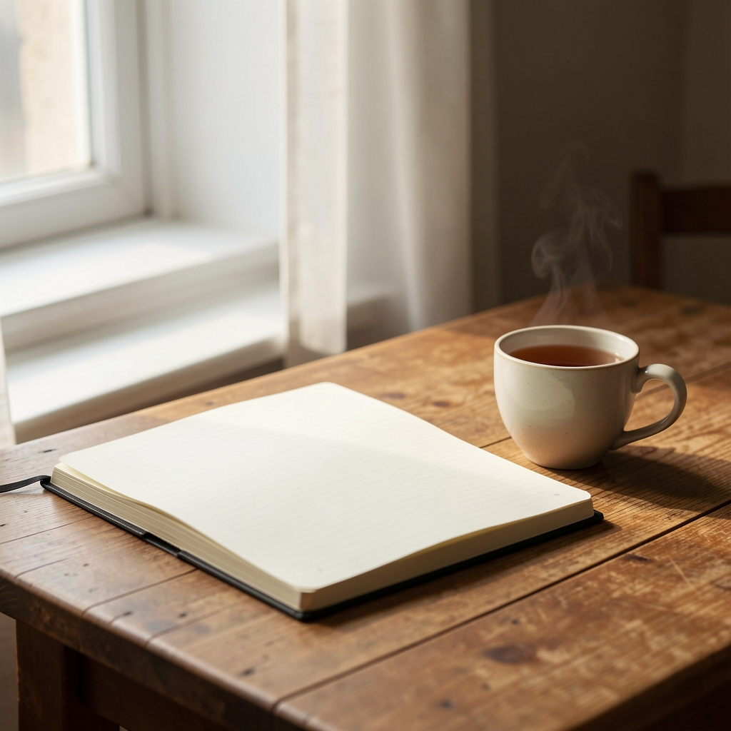 Lugn morgonscen med en öppen anteckningsbok, en kopp te och mjukt fönsterljus – symboliserar reflektion, rutiner och en balanserad livsstil