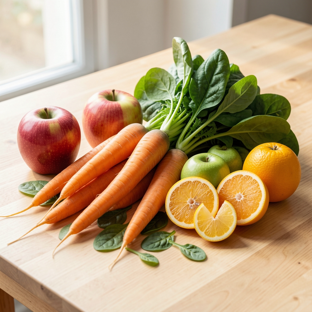 Närbild på färska grönsaker och frukt arrangerade på ett ljust träbord i naturligt ljus – spenat, morötter, äpplen och citrusfrukter i en kompositiv redaktionell presentation