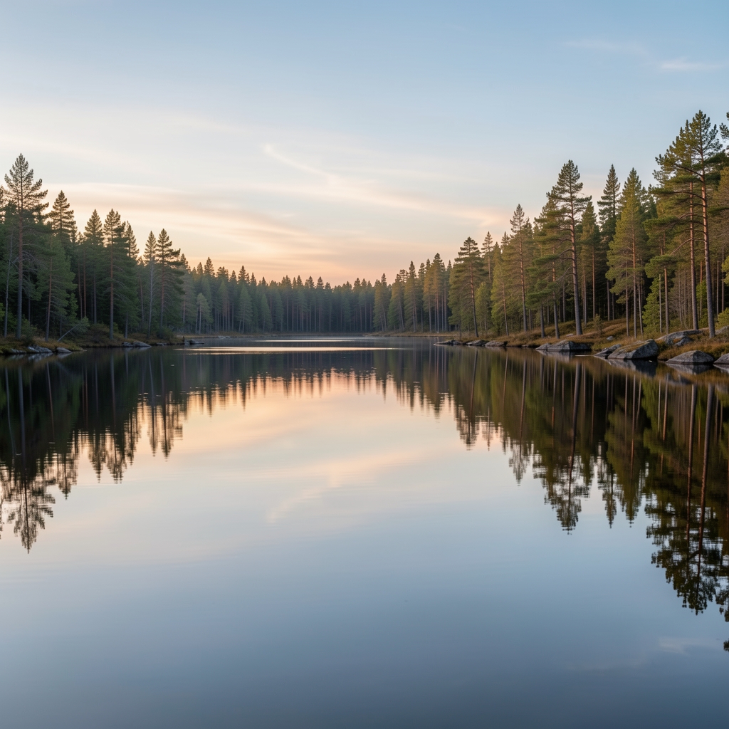 Vidsträckt nordisk naturscen med ett stilla vatten som speglar en mjuk himmel och omgivande barrskog – en lugn och inspirerande bild som förmedlar eftertanke och fördjupning