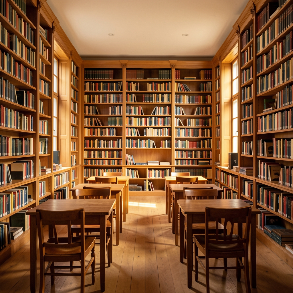 Ljust och storskaligt biblioteksrum med höga bokhyllor fyllda med böcker, varmt naturligt ljus som flödar in genom fönstren och en känsla av lugn studiero