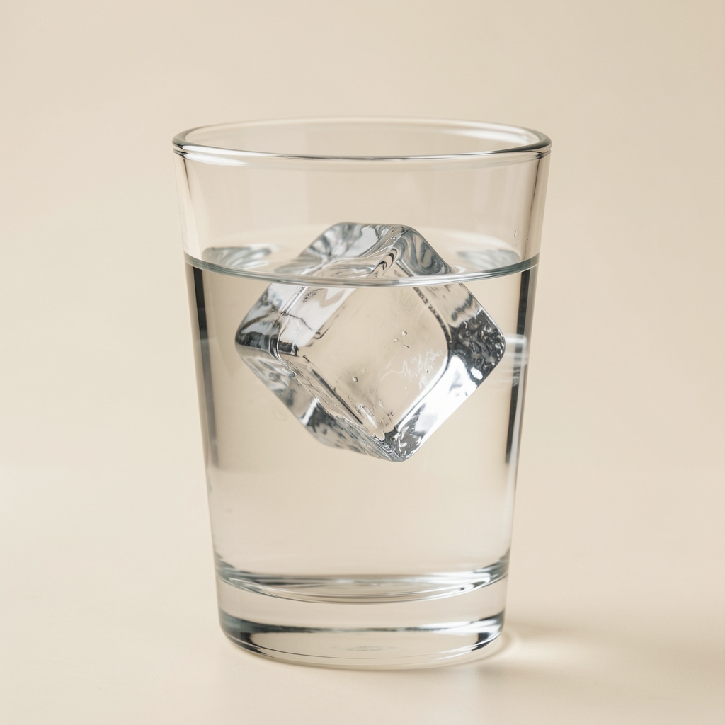 Abstrakt närbild av ett glas vatten med isbit mot en ljus bakgrund – ett stiliserat och neutralt visuellt ankare för begrepp kring kroppens energi och ämnesomsättning
