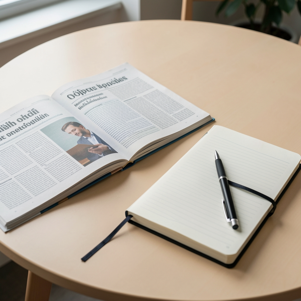 En öppen tidning och en anteckningsbok med en penna på ett ljust bord – symboliserar kritisk läsning, informationsgranskning och redaktionell analys av populärvetenskapliga påståenden